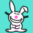 Pixelated white rabbit with pink nose and belly, black outlines, turquoise background, static pose.