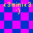 Pixelated icon with alternating blue and magenta checkered backgrounds, yellow text reading '<3mini<3', and a small yellow smiley face on each frame.