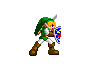 Pixel art character in green tunic and brown boots performs sword swing with blue energy trail, shield held on left arm.