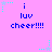 Pixelated icon with pink background, blue text reading 'i luv cheer!!!!', and cyan star-shaped decorations in four corners.