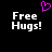Pixelated text 'Free Hugs!' in white on black background with a pink heart symbol above the text.