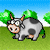 Pixelated cow with gray and black spots, brown nose, and orange horns stands on green grass under blue sky with green trees.