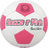 Pixelated soccer ball with pink and white , surrounded by pink text blocks stating gendered sports claims
