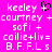 Pixelated text and symbols on a bright pink background with white lettering, including names like 'keele', 'courtney', 'sofi', 'caillie+liv=', and 'B.F.F.L s' alongside plus signs and a heart symbol.