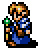 Pixel art character with brown hair and blue checkered clothing holding a green-topped staff, shown in two poses against gray background.