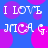 Blue background with pink circular shapes and repeated white text reading "I LOVE JNCA G." in a pattern