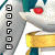 Pixelated character with teal hair, red eyes, and white face holding golden object; vertical text on left side.