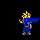 Pixel art character with spiky yellow hair and blue outfit holding a large sword in four sequential poses against black background.
