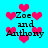 Pixelated cyan background with pink hearts and black text reading "Zoe and Anthony" in multiple positions.