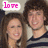 Two people with long brown hair pose closely together under a white speech bubble containing pink pixelated text reading 'love' against a light background.
