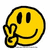 Yellow smiley face with black eyes and mouth making a peace sign gesture, displayed in three variations on white background.
