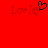 Red background with pixelated text and a black heart symbol above the text.