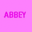 A four- displays text and imagery: pink background with 'ABBEY', heart-shaped red and white pattern with 'loves', open book with 'books', and empty gray