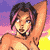Pixelated character with brown fur, dark brown hair, and pink highlights against a purple-pink gradient background.