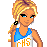 Pixel art cheerleader icon with blue and white uniform, orange hair in braid, and "go vikings!" text on black background.