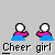 Pixel art cheerleader figures in pink and blue uniforms with purple pom-poms, arranged in various group formations on a gray background.