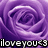 A pixelated purple rose with layered petals and a central swirl, overlaid with white text reading 'iloveyou' on a black background.