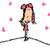 Pixelated character with long brown hair, pink bow, and pink-accented outfit stands on a tripod base amid scattered pink heart shapes.