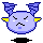 Pixelated character with closed eyes, mustache, and yellow side fins on a gray background; four variations show differing horn shapes and black base positions.