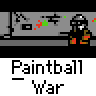 Animated contact sheet of a paintball game featuring pixelated characters in various action poses and environments, with repeated "Paintball War" text labels beneath each frame.