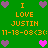 Green background with orange text reading "I LOVE JUSTIN" and "11-18-08<3" surrounded by purple and pink heart icons.