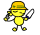 Yellow cartoon character with closed eyes, wearing yellow hard hat and holding a tool in one hand while switching between two different knives.