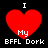 Four identical pixelated red heart icons with white text 'I My BFLL Dork' on black background, each in a