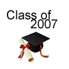 Black graduation cap with red tassel and red ribbon tied around rolled diploma, positioned below text reading 'Class of 2007' on white background.