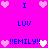Pixel art icon with bright pink background featuring repeated blue text and heart symbols in a symmetrical layout.