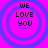 Four identical pixelated circular icons with blue rings on a bright pink background, each displaying 'WE LOVE YOU' in black block letters.