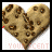 Heart-shaped cookie with chocolate chips, red text below changing across frames.