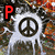 Animated icon with repeated peace symbols on a textured background, displaying changing colored letters and text.