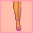 Pixel art contact sheet of four frames showing a cartoon character with long brown hair, pink headwear, and various props including legs in shoes, cotton candy, and text.
