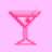 Six pixelated martini glasses in pink, magenta, purple, dark blue, light blue, and cyan arranged on a solid pastel pink background.