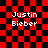Red and black checkered background with four instances of 'Justin Bieber' text in white pixelated font, two showing a distorted circular overlay effect.