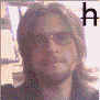 pixelated portrait images with overlaid letters, showing a person with long hair and changing facial expressions across frames