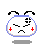 Pixelated white circular icon with blue outline, black antennae, red plus signs on cheeks, and a frowning mouth; two versions show different eye patterns.