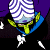 Pixelated cartoon character with striped head and yellow limbs on purple background, next to green text reading "Original Icons .com" in pixel font.