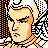 Pixelated static icon of a character's face with orange hair and black outlines, surrounded by patterned background elements in black, white, and orange.