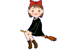 A 3x2 contact sheet of six animated frames showing a cartoon witch character on a broomstick with subtle pose and expression variations across the sequence.