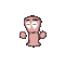 Pixelated pink worm-like character with white eyes and black eyebrows, shown in multiple poses against gray background.