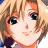 Pixelated anime-style close-up of a character's face with blonde hair and dark eyes, rendered in warm tones on a white background.