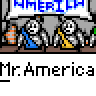 Animated contact sheet of a Mr. America-themed buddy icon showing sequential frames with text changes and character poses against gray transparency background.
