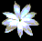 Pixelated flower with eight petals in white, light blue, and purple hues on a black background.
