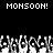 Black background with white pixelated text "MONSOON!" repeated twice at the top, and a of grayscale pixelated figures below