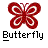 Red pixelated butterfly icon with white spiral patterns on wings, positioned above black text reading "Butterfly" and next to red text reading "Instant Icons .com".