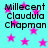 Cyan background with pink stars and repeated black text reading "Millecent Clauduia Chapman" in a pattern