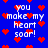 Blue background with red pixelated hearts and white text reading "you make my heart soar!" in a repeating pattern.