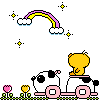 Pixel art animation of a cow and bear riding a cart with rainbows, flowers, and stars across three frames.