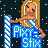 Pixel art of a blonde woman in an off-shoulder dress holding a striped pole, with 'Pixy Stix' text on blue background.